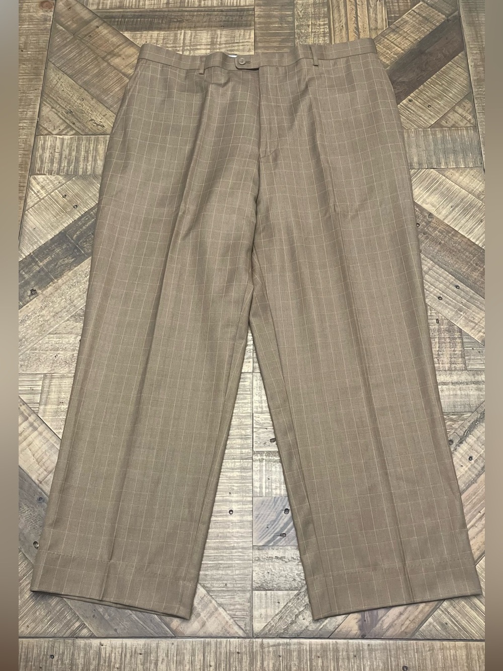 Stacy Adams Gold Men’s Dress Pants Trousers W40 Brown Taupe Windowpane Plaid
